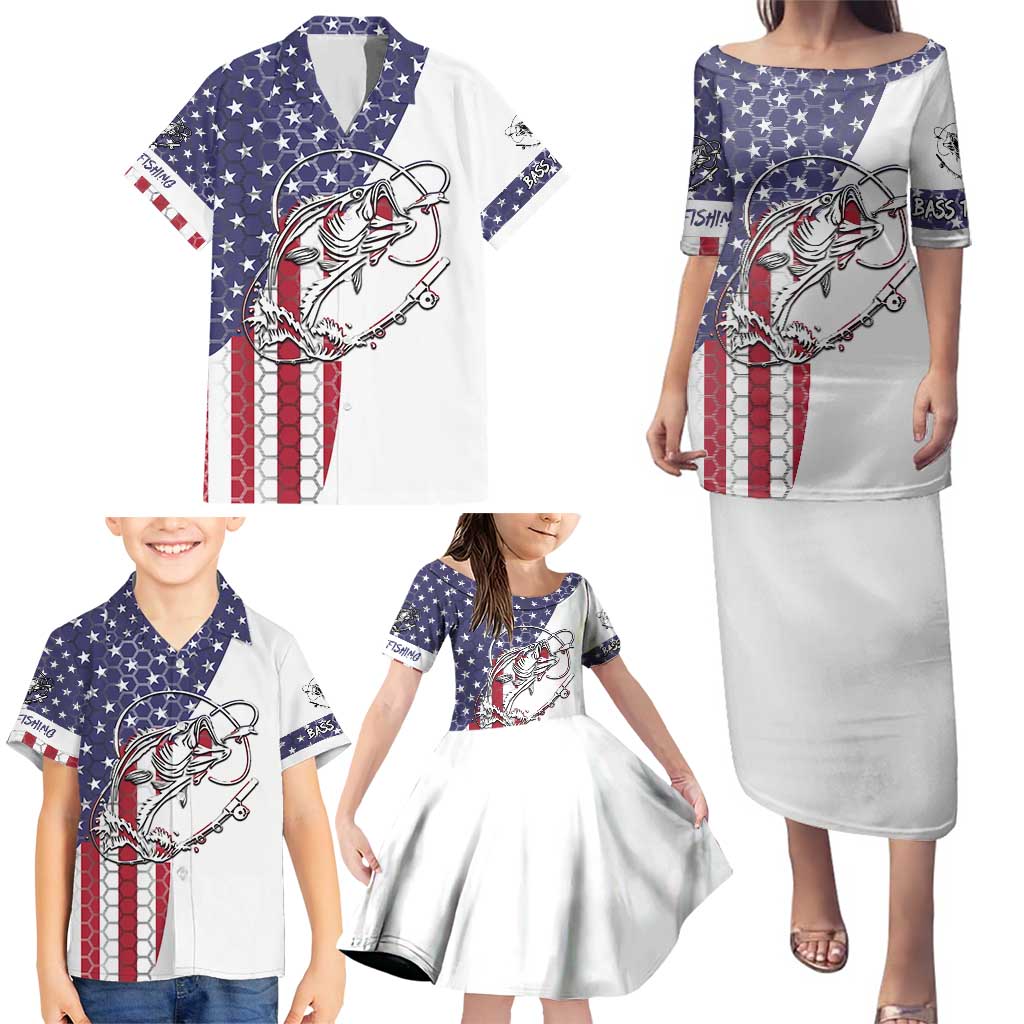 American Flag Bass Fishing Family Matching Puletasi and Hawaiian Shirt Fishing Rod and Patriotic Red White and Blue Theme - Wonder Print Shop