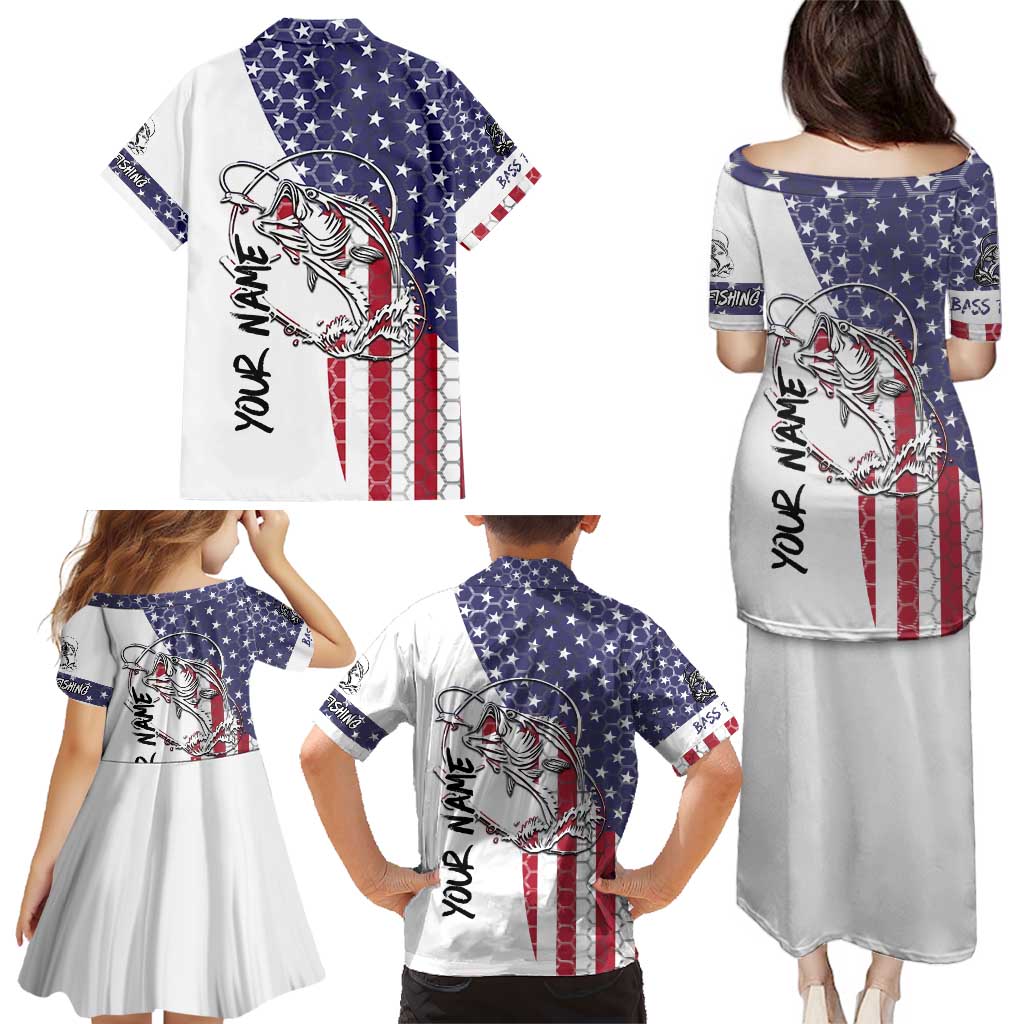 American Flag Bass Fishing Family Matching Puletasi and Hawaiian Shirt Fishing Rod and Patriotic Red White and Blue Theme - Wonder Print Shop