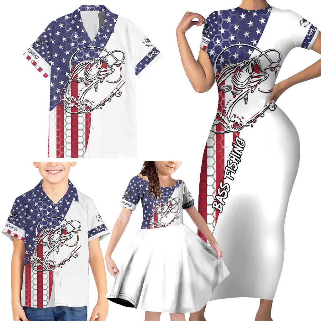 American Flag Bass Fishing Family Matching Short Sleeve Bodycon Dress and Hawaiian Shirt Fishing Rod and Patriotic Red White and Blue Theme - Wonder Print Shop