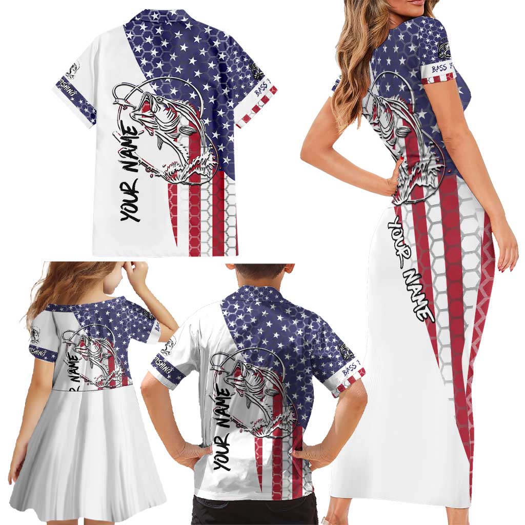 American Flag Bass Fishing Family Matching Short Sleeve Bodycon Dress and Hawaiian Shirt Fishing Rod and Patriotic Red White and Blue Theme - Wonder Print Shop