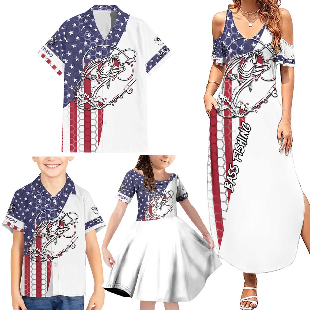 American Flag Bass Fishing Family Matching Summer Maxi Dress and Hawaiian Shirt Fishing Rod and Patriotic Red White and Blue Theme - Wonder Print Shop