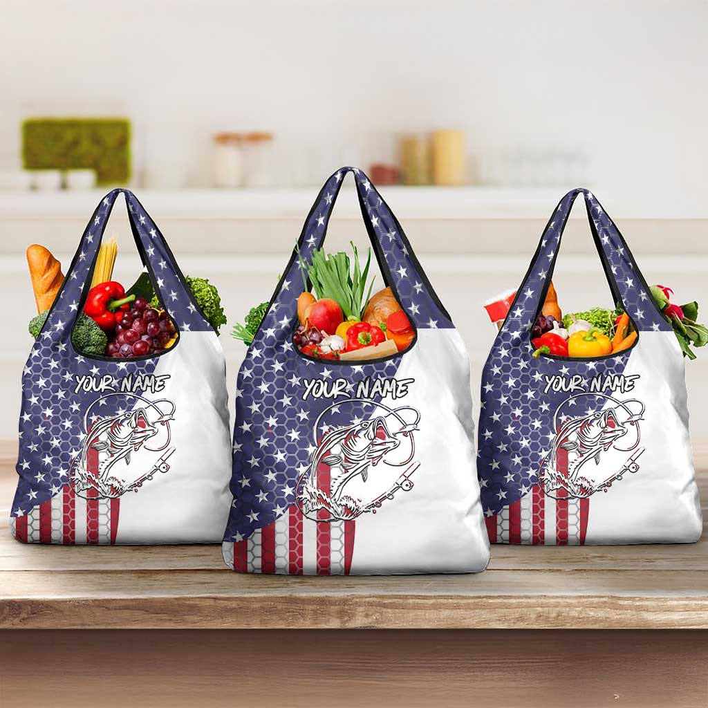 American Flag Bass Fishing Grocery Bag Fishing Rod and Patriotic Red White and Blue Theme - Wonder Print Shop