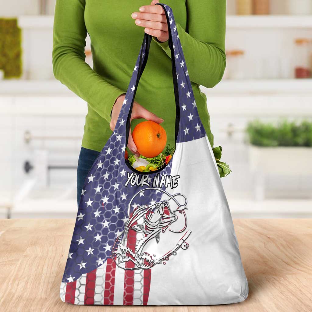 American Flag Bass Fishing Grocery Bag Fishing Rod and Patriotic Red White and Blue Theme - Wonder Print Shop