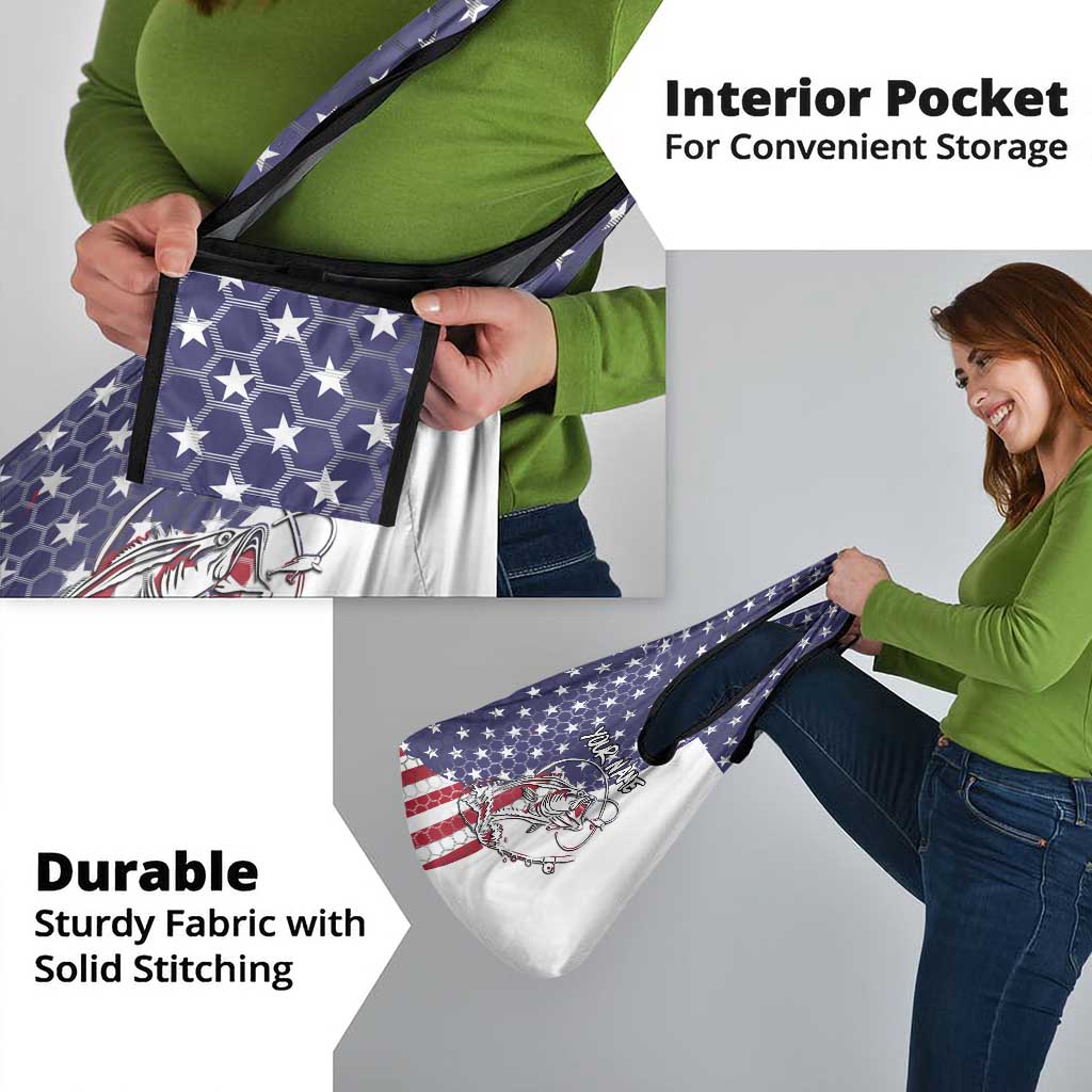American Flag Bass Fishing Grocery Bag Fishing Rod and Patriotic Red White and Blue Theme - Wonder Print Shop