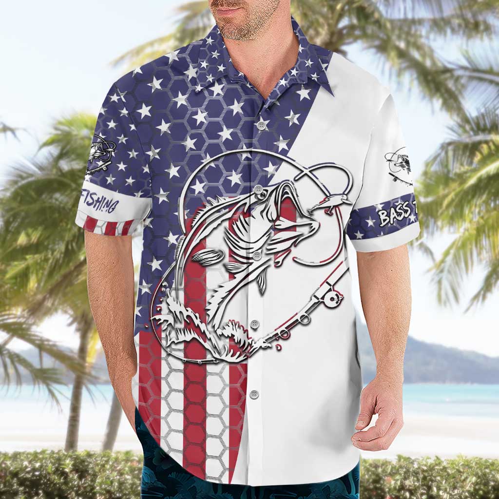 American Flag Bass Fishing Hawaiian Shirt Fishing Rod and Patriotic Red White and Blue Theme - Wonder Print Shop