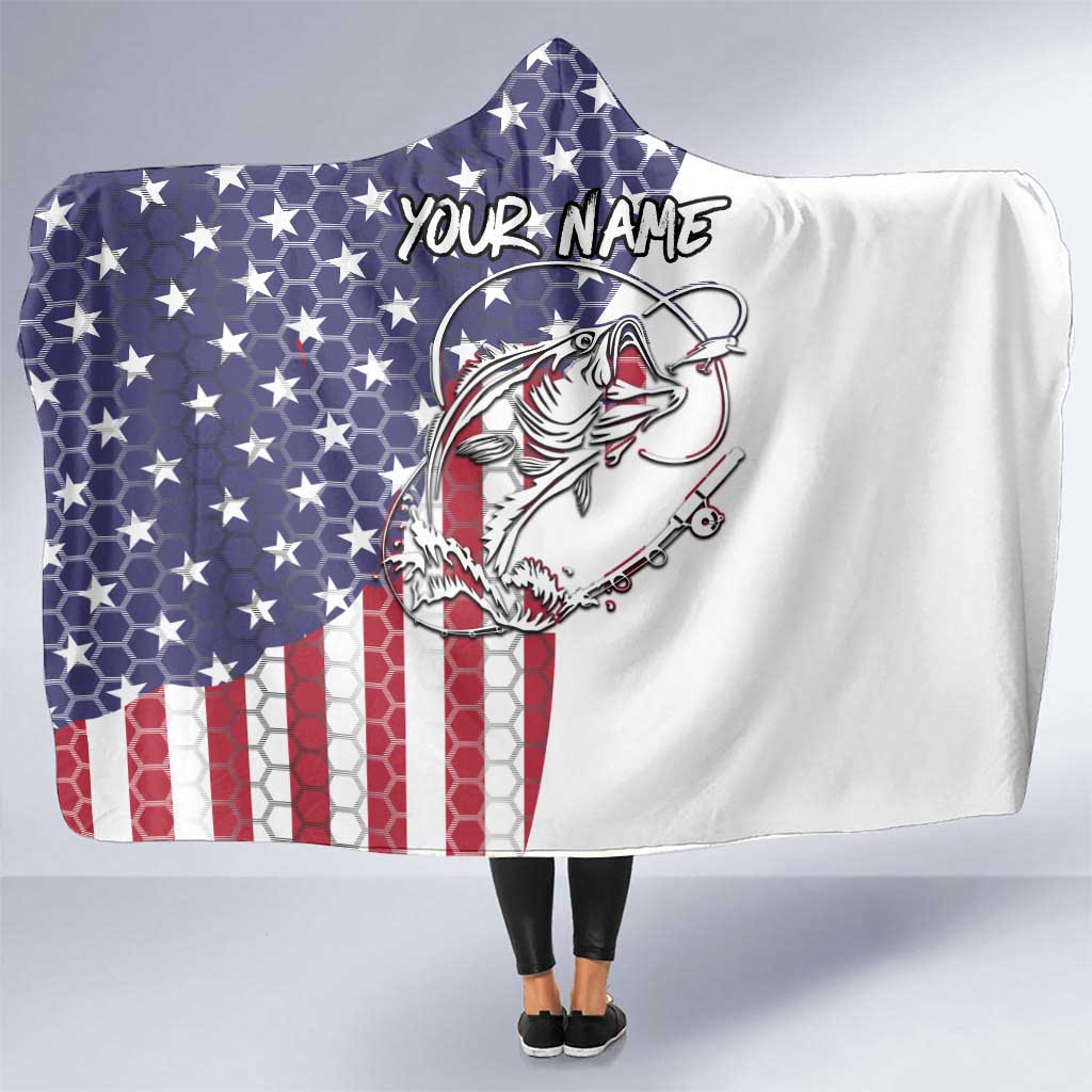 American Flag Bass Fishing Hooded Blanket Fishing Rod and Patriotic Red White and Blue Theme - Wonder Print Shop