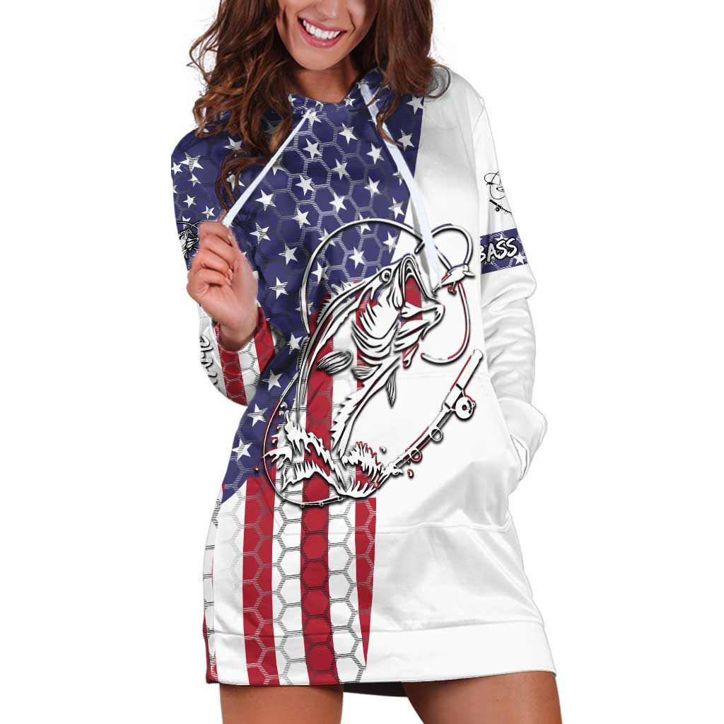 American Flag Bass Fishing Hoodie Dress Fishing Rod and Patriotic Red White and Blue Theme - Wonder Print Shop