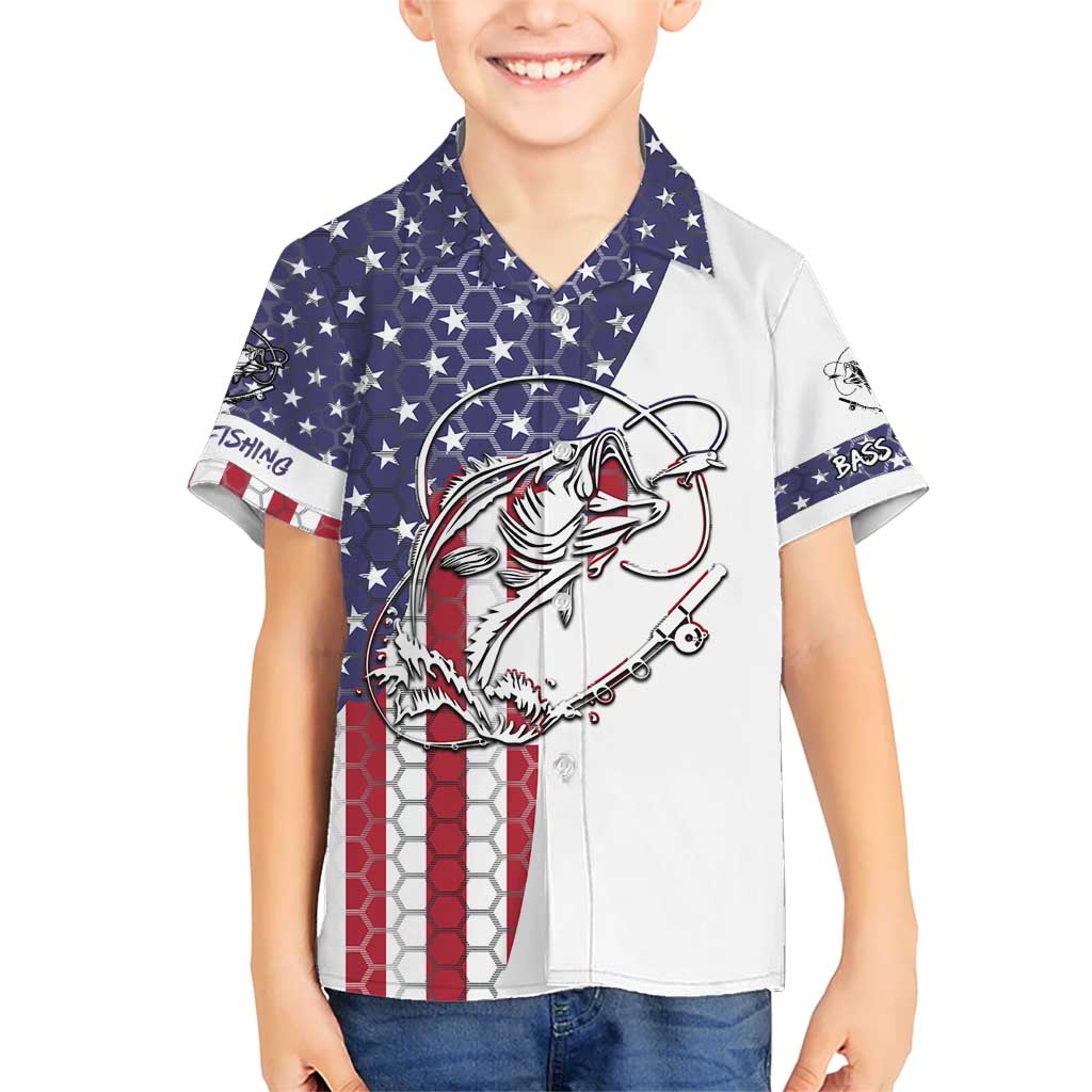 American Flag Bass Fishing Kid Hawaiian Shirt Fishing Rod and Patriotic Red White and Blue Theme - Wonder Print Shop