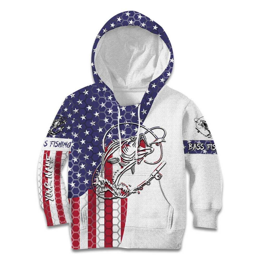 American Flag Bass Fishing Kid Hoodie Fishing Rod and Patriotic Red White and Blue Theme - Wonder Print Shop