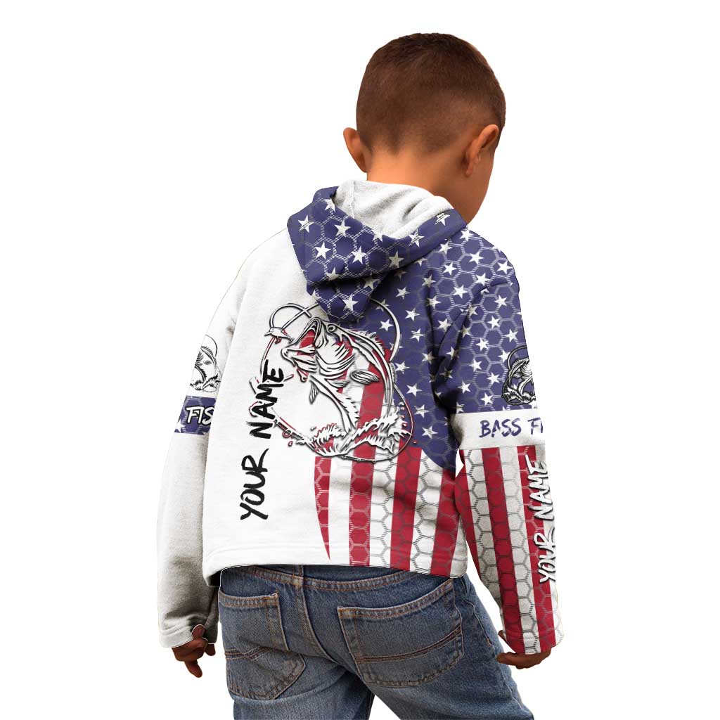 American Flag Bass Fishing Kid Hoodie Fishing Rod and Patriotic Red White and Blue Theme - Wonder Print Shop