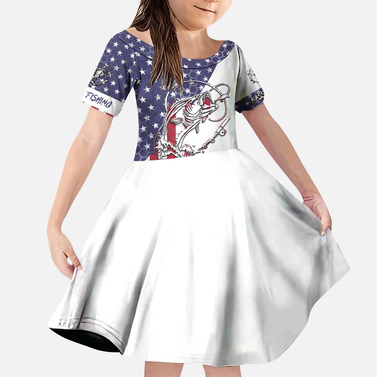 American Flag Bass Fishing Kid Short Sleeve Dress Fishing Rod and Patriotic Red White and Blue Theme - Wonder Print Shop