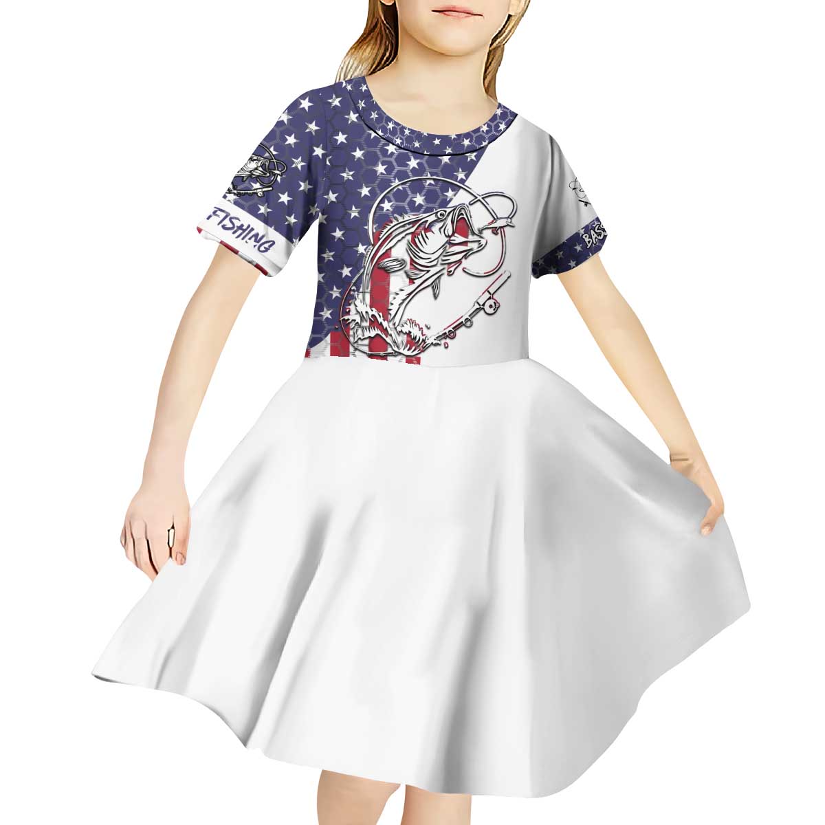American Flag Bass Fishing Kid Short Sleeve Dress Fishing Rod and Patriotic Red White and Blue Theme - Wonder Print Shop