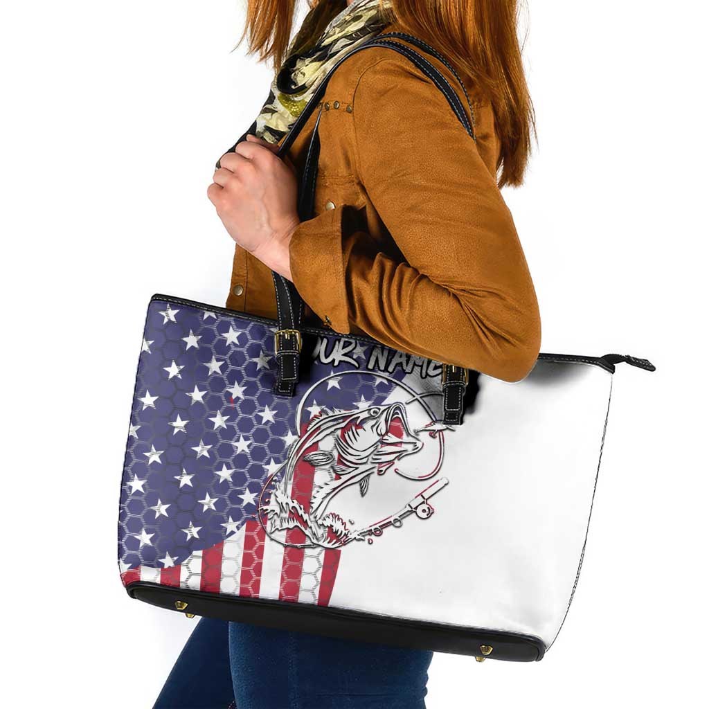 American Flag Bass Fishing Leather Tote Bag Fishing Rod and Patriotic Red White and Blue Theme - Wonder Print Shop