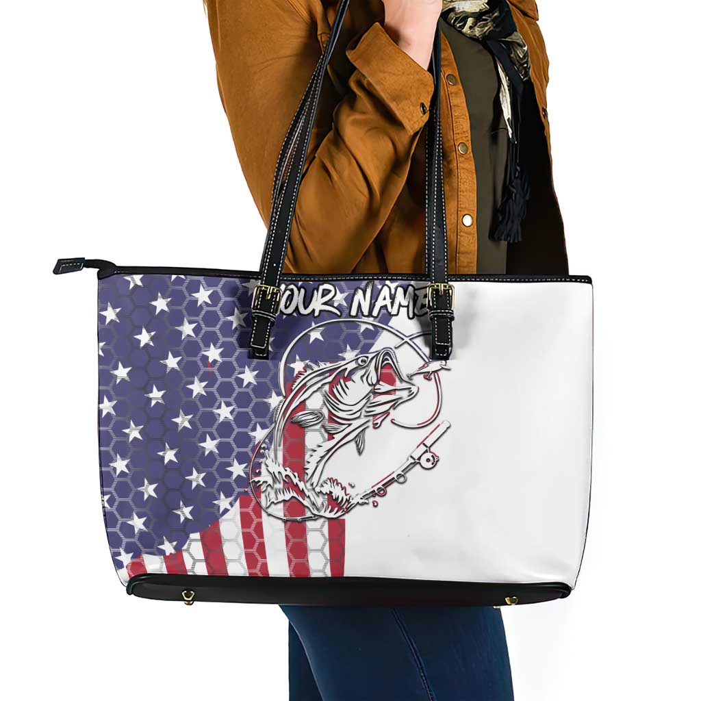 American Flag Bass Fishing Leather Tote Bag Fishing Rod and Patriotic Red White and Blue Theme - Wonder Print Shop