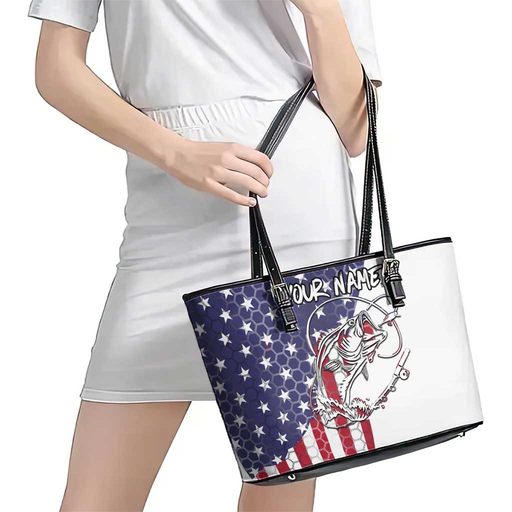 American Flag Bass Fishing Leather Tote Bag Fishing Rod and Patriotic Red White and Blue Theme - Wonder Print Shop