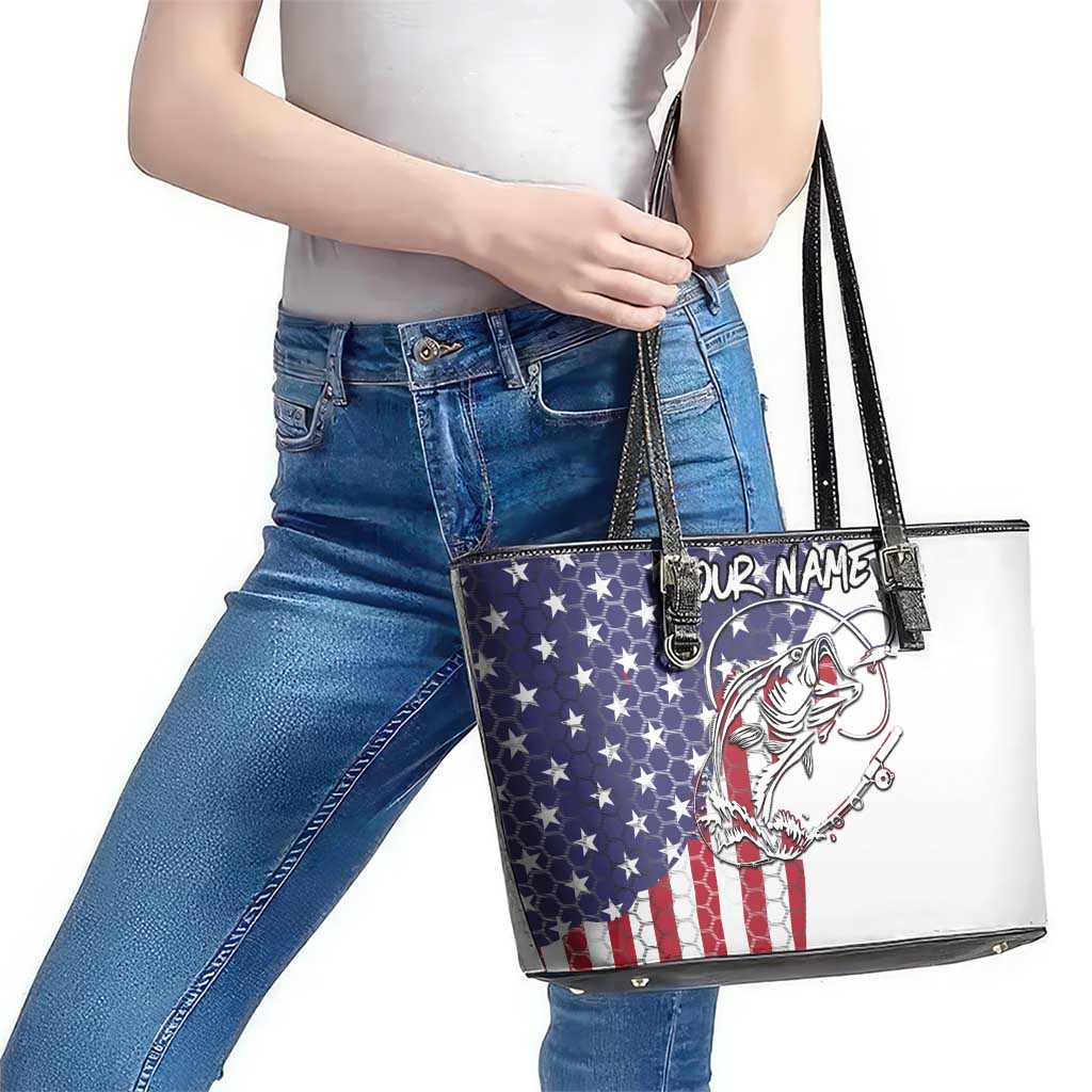 American Flag Bass Fishing Leather Tote Bag Fishing Rod and Patriotic Red White and Blue Theme - Wonder Print Shop