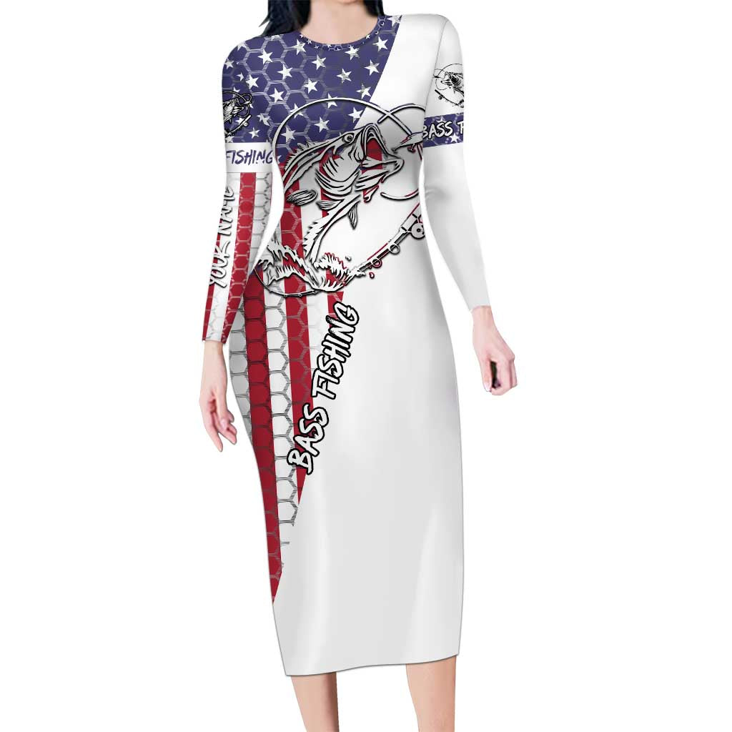 American Flag Bass Fishing Long Sleeve Bodycon Dress Fishing Rod and Patriotic Red White and Blue Theme - Wonder Print Shop