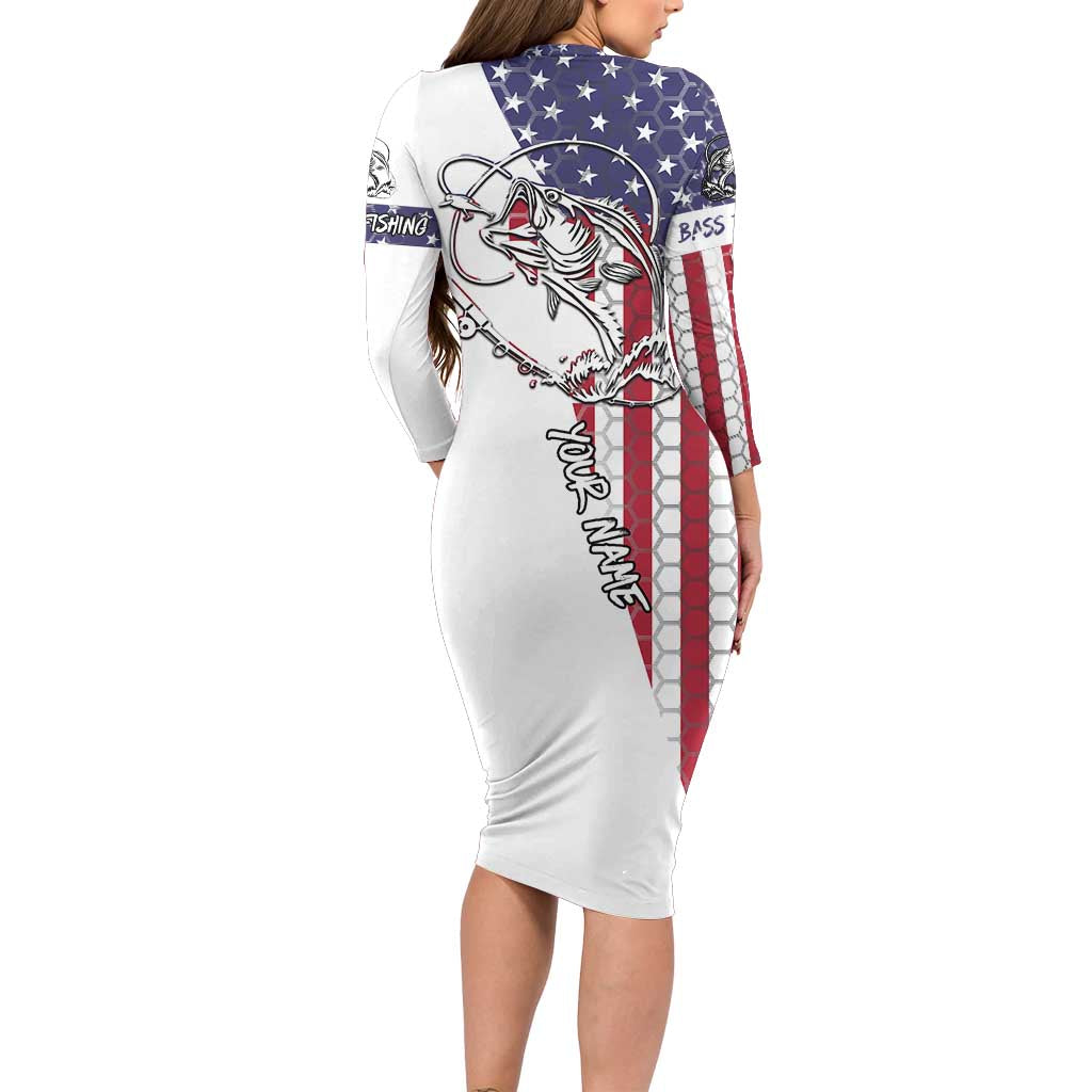 American Flag Bass Fishing Long Sleeve Bodycon Dress Fishing Rod and Patriotic Red White and Blue Theme - Wonder Print Shop