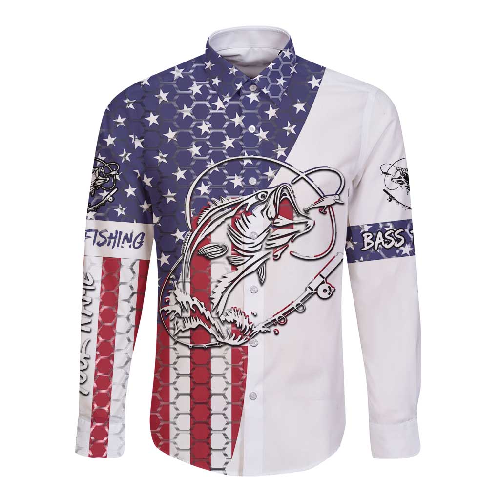 American Flag Bass Fishing Long Sleeve Button Shirt Fishing Rod and Patriotic Red White and Blue Theme - Wonder Print Shop