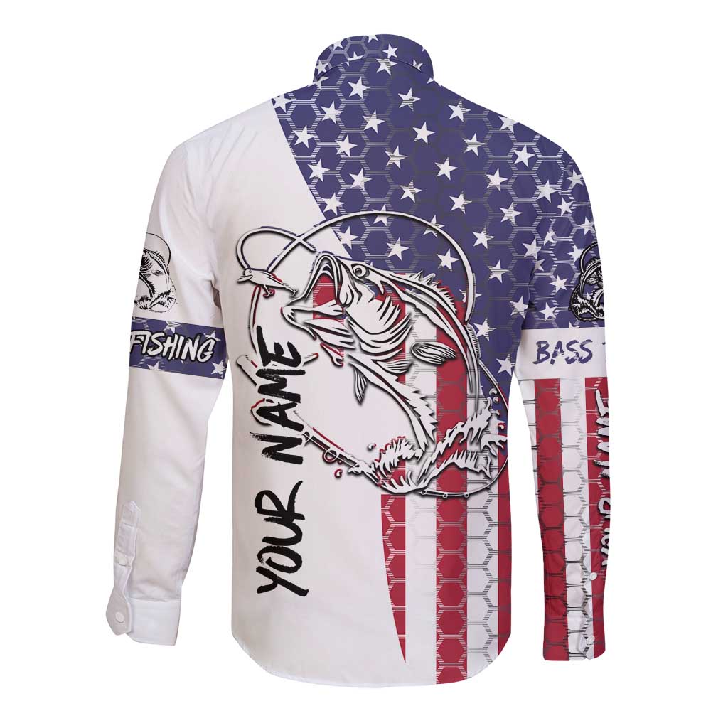 American Flag Bass Fishing Long Sleeve Button Shirt Fishing Rod and Patriotic Red White and Blue Theme - Wonder Print Shop