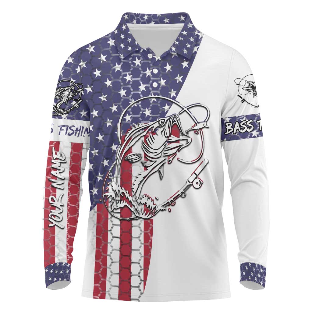 American Flag Bass Fishing Long Sleeve Polo Shirt Fishing Rod and Patriotic Red White and Blue Theme - Wonder Print Shop
