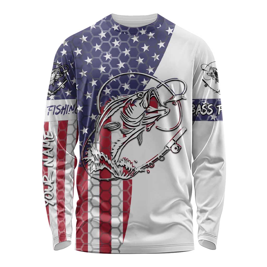 American Flag Bass Fishing Long Sleeve Shirt Fishing Rod and Patriotic Red White and Blue Theme - Wonder Print Shop