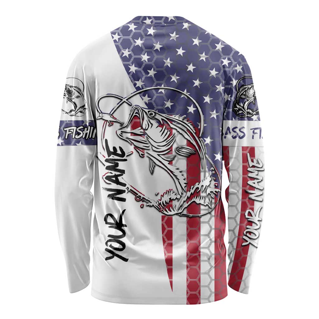 American Flag Bass Fishing Long Sleeve Shirt Fishing Rod and Patriotic Red White and Blue Theme - Wonder Print Shop