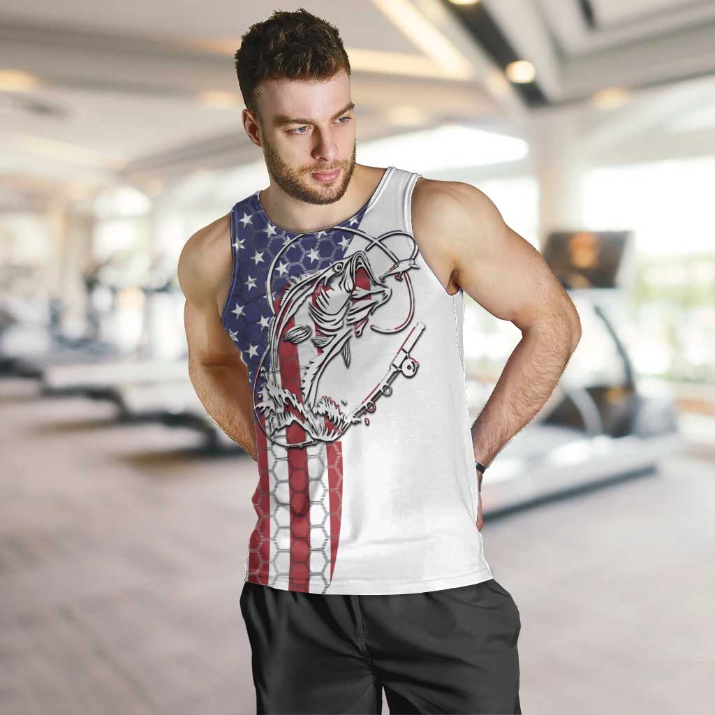 American Flag Bass Fishing Men Tank Top Fishing Rod and Patriotic Red White and Blue Theme - Wonder Print Shop