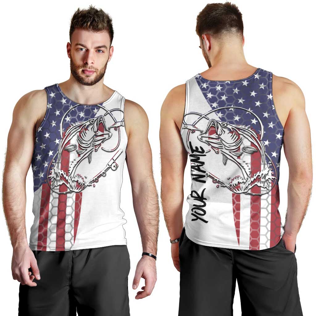 American Flag Bass Fishing Men Tank Top Fishing Rod and Patriotic Red White and Blue Theme - Wonder Print Shop