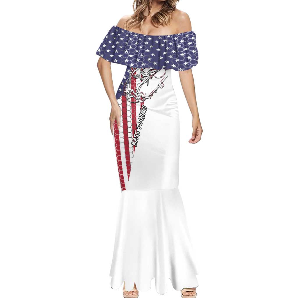 American Flag Bass Fishing Mermaid Dress Fishing Rod and Patriotic Red White and Blue Theme - Wonder Print Shop