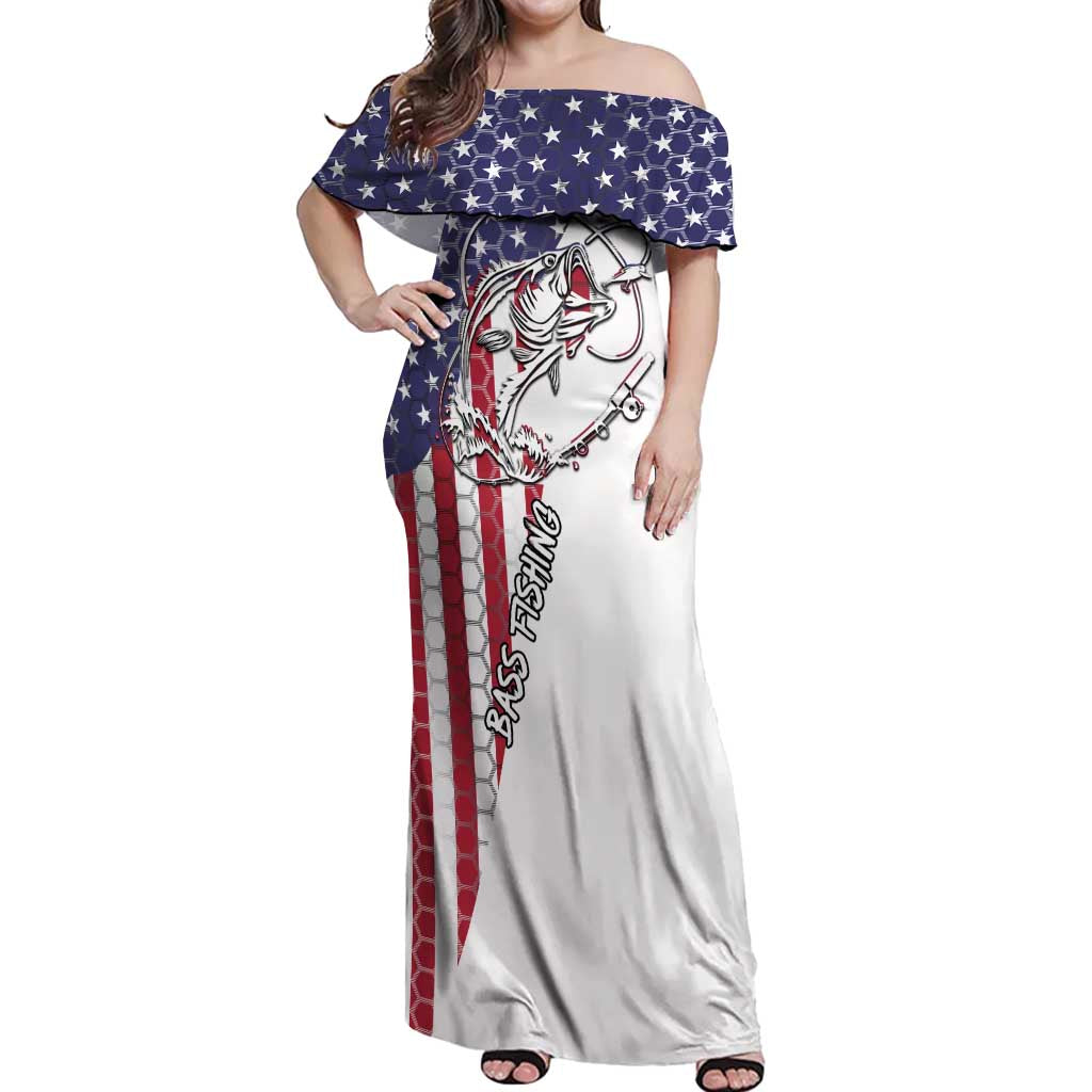 American Flag Bass Fishing Off Shoulder Maxi Dress Fishing Rod and Patriotic Red White and Blue Theme - Wonder Print Shop