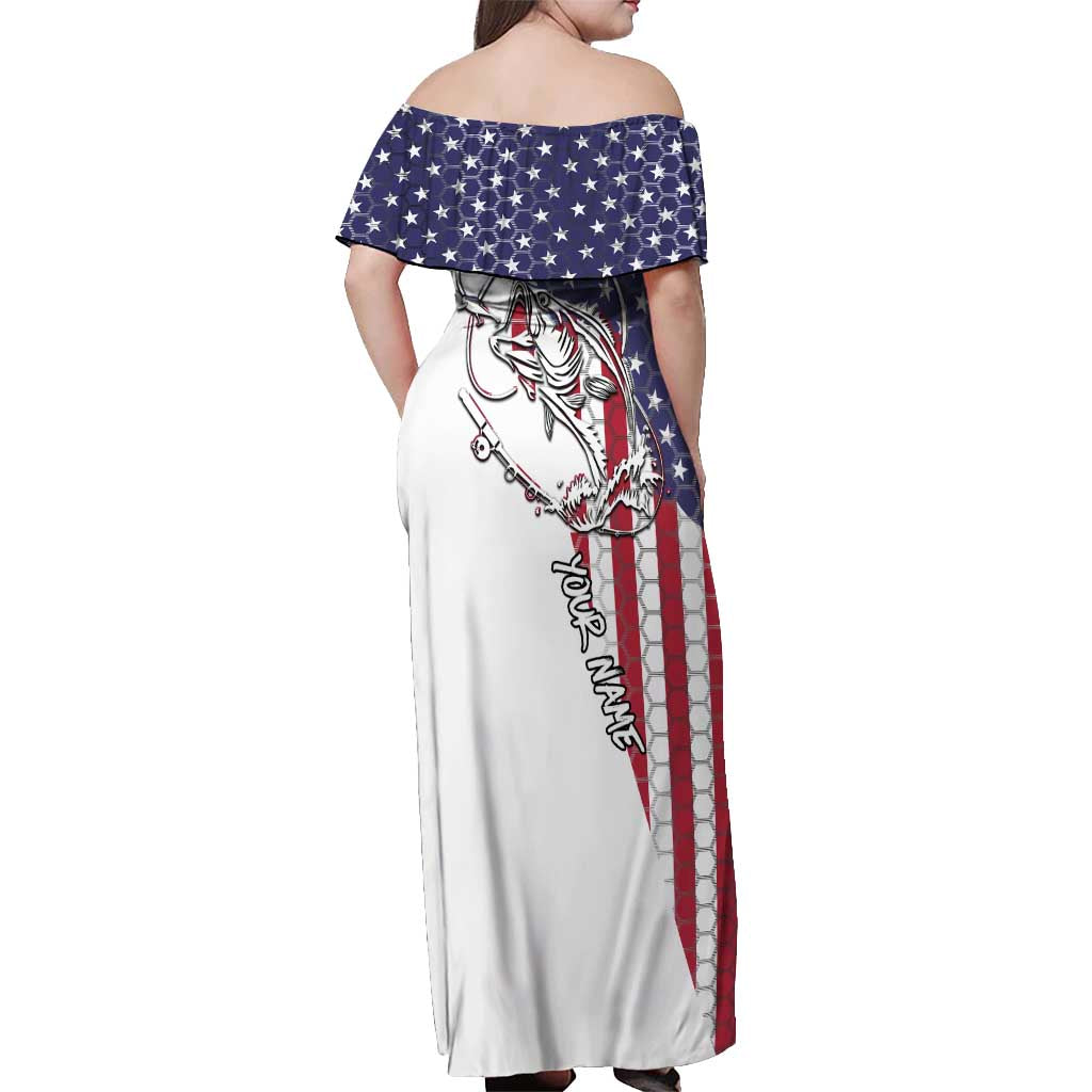 American Flag Bass Fishing Off Shoulder Maxi Dress Fishing Rod and Patriotic Red White and Blue Theme - Wonder Print Shop