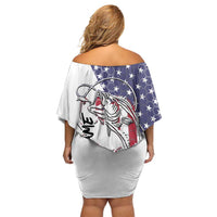 American Flag Bass Fishing Off Shoulder Short Dress Fishing Rod and Patriotic Red White and Blue Theme - Wonder Print Shop