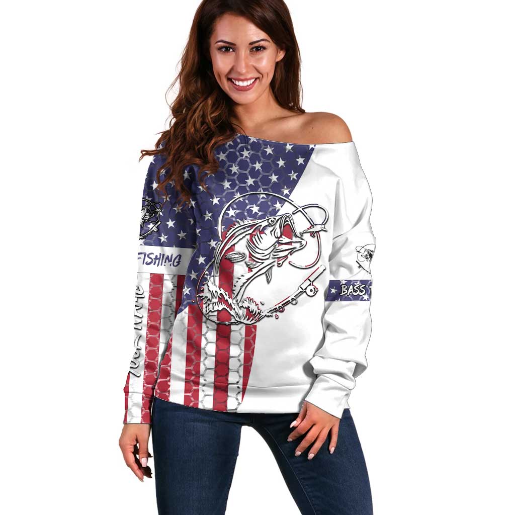 American Flag Bass Fishing Off Shoulder Sweater Fishing Rod and Patriotic Red White and Blue Theme - Wonder Print Shop