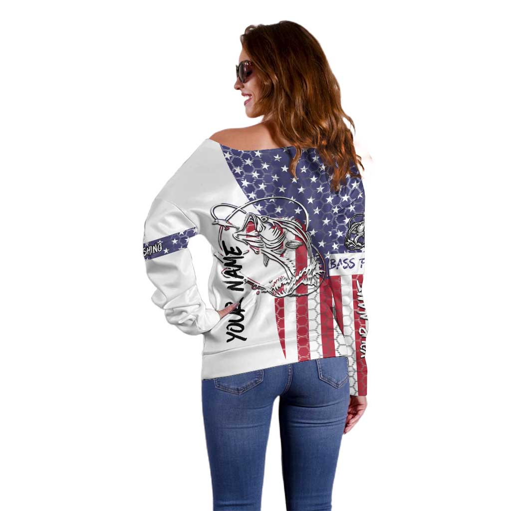 American Flag Bass Fishing Off Shoulder Sweater Fishing Rod and Patriotic Red White and Blue Theme - Wonder Print Shop