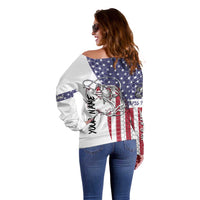 American Flag Bass Fishing Off Shoulder Sweater Fishing Rod and Patriotic Red White and Blue Theme - Wonder Print Shop