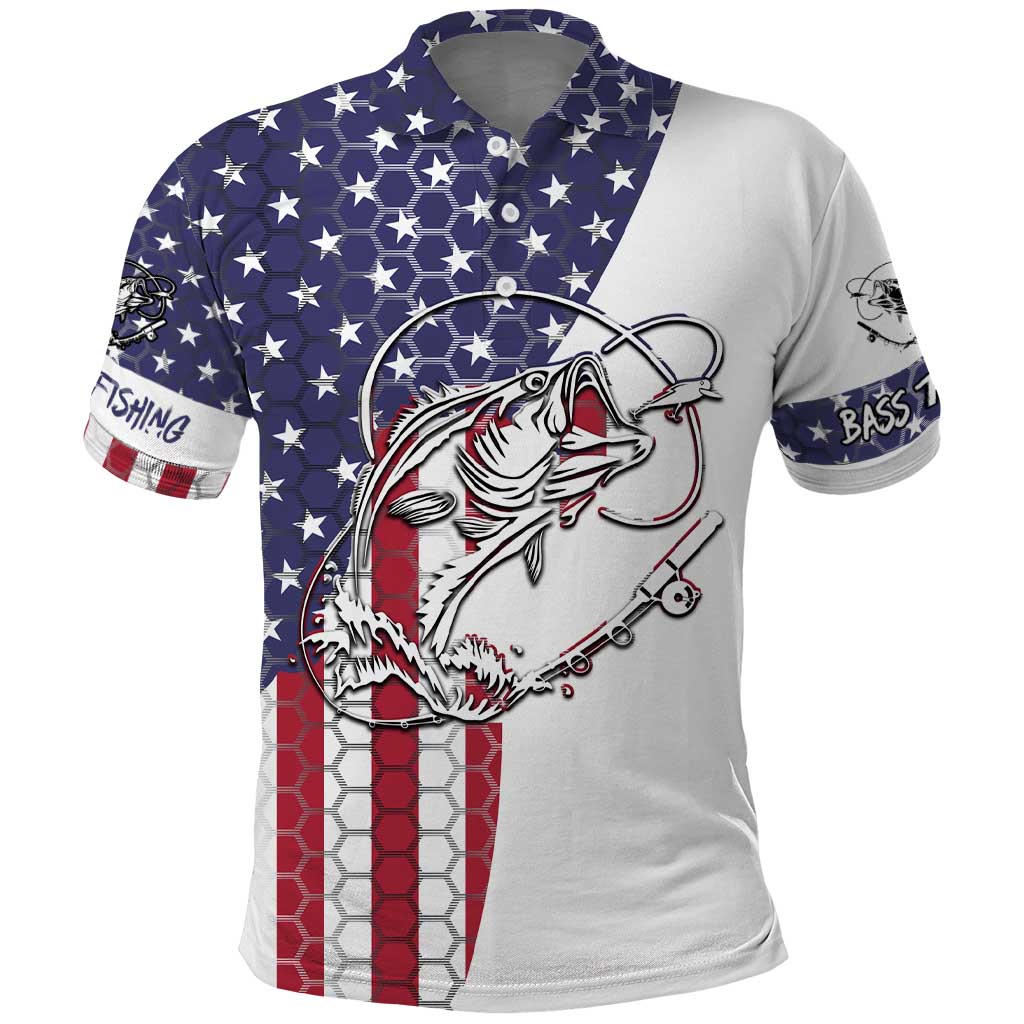 American Flag Bass Fishing Polo Shirt Fishing Rod and Patriotic Red White and Blue Theme - Wonder Print Shop