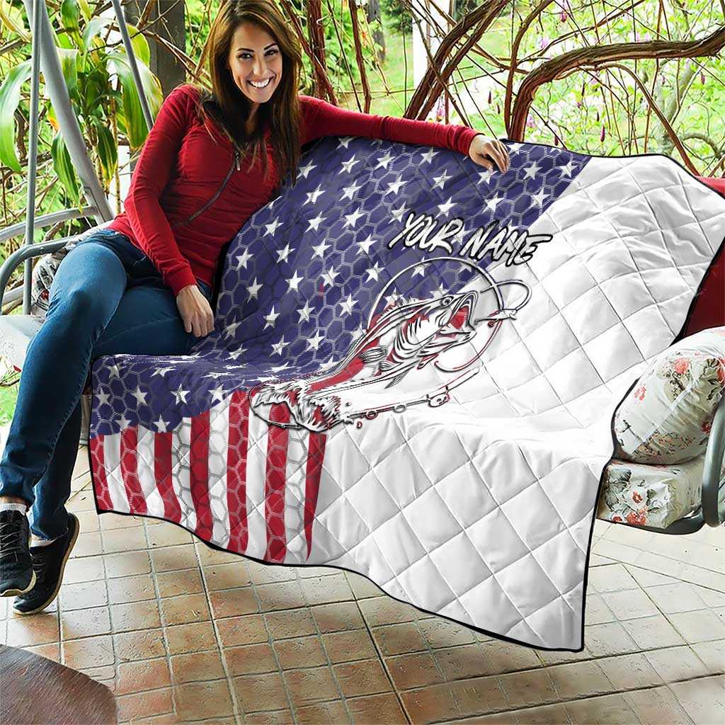 American Flag Bass Fishing Quilt Fishing Rod and Patriotic Red White and Blue Theme - Wonder Print Shop