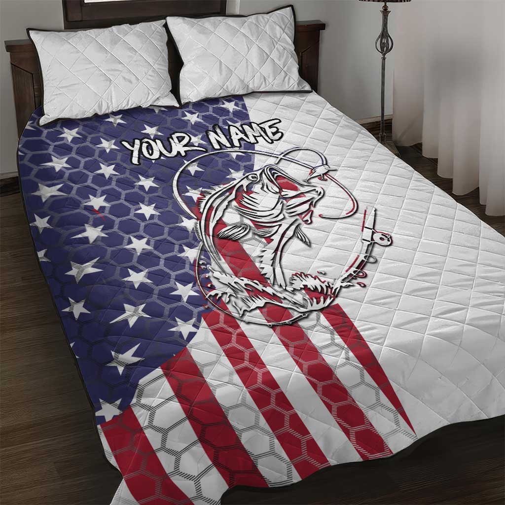 American Flag Bass Fishing Quilt Bed Set Fishing Rod and Patriotic Red White and Blue Theme - Wonder Print Shop