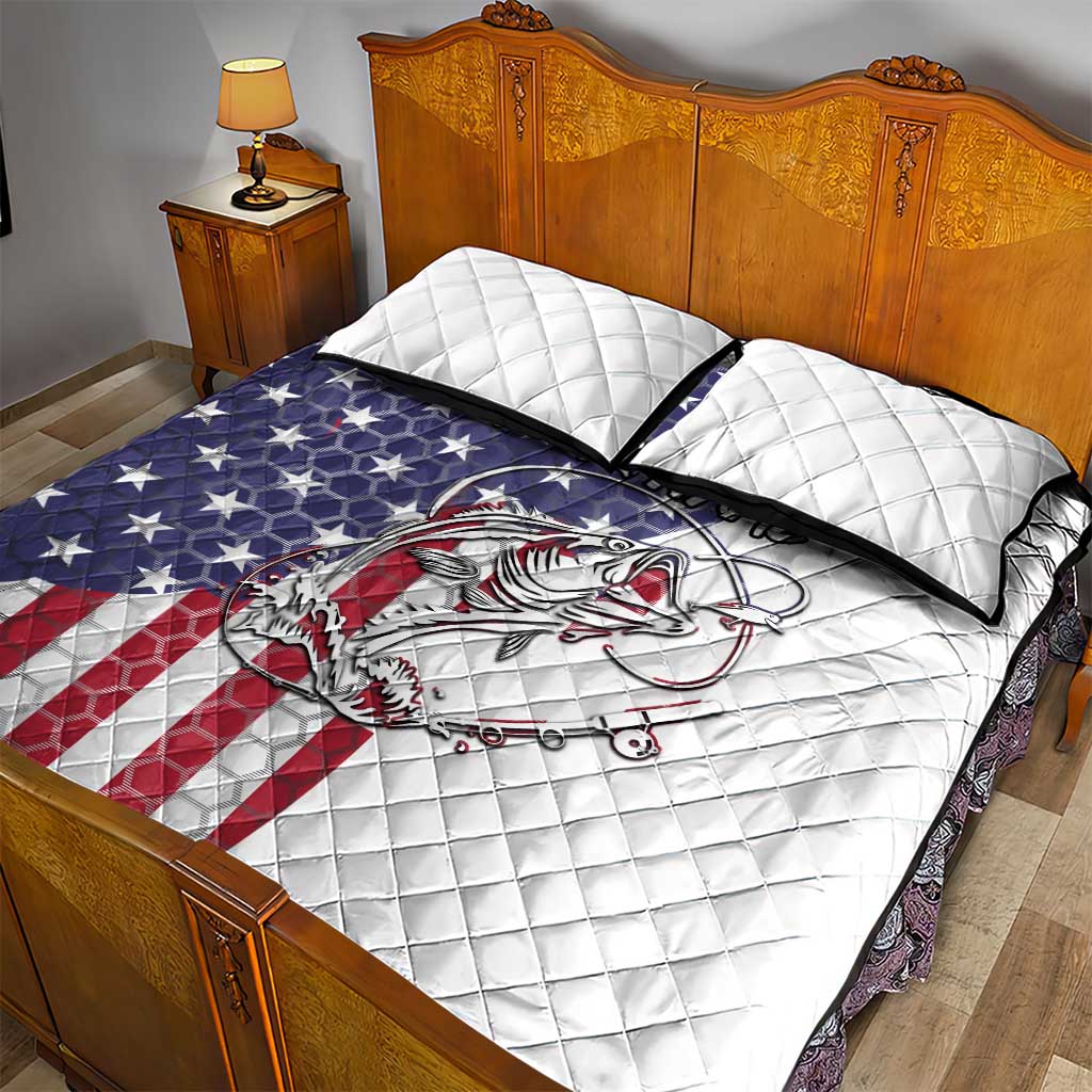 American Flag Bass Fishing Quilt Bed Set Fishing Rod and Patriotic Red White and Blue Theme - Wonder Print Shop