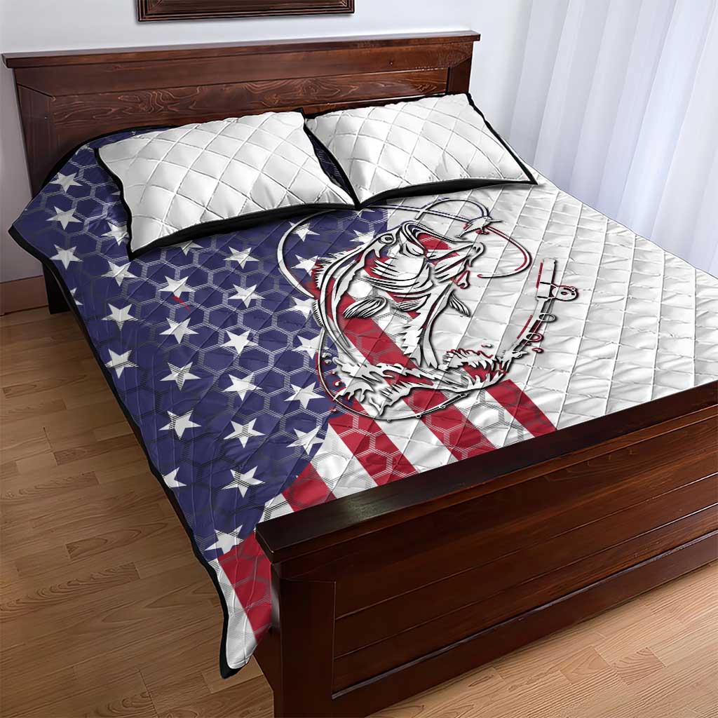 American Flag Bass Fishing Quilt Bed Set Fishing Rod and Patriotic Red White and Blue Theme - Wonder Print Shop