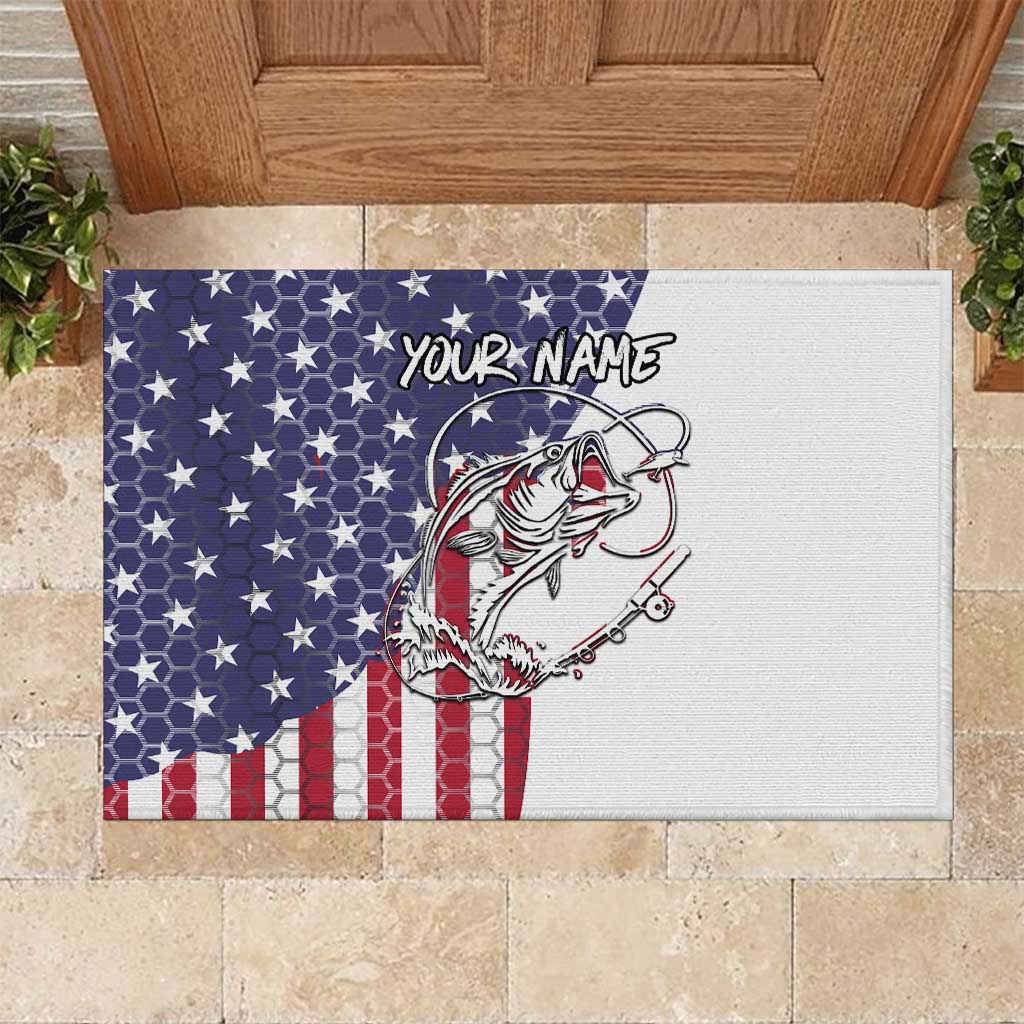 American Flag Bass Fishing Rubber Doormat Fishing Rod and Patriotic Red White and Blue Theme - Wonder Print Shop