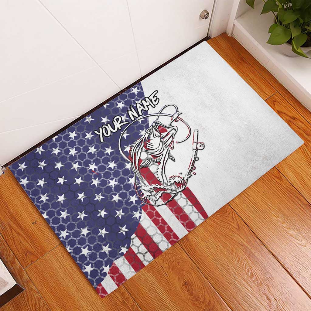 American Flag Bass Fishing Rubber Doormat Fishing Rod and Patriotic Red White and Blue Theme - Wonder Print Shop