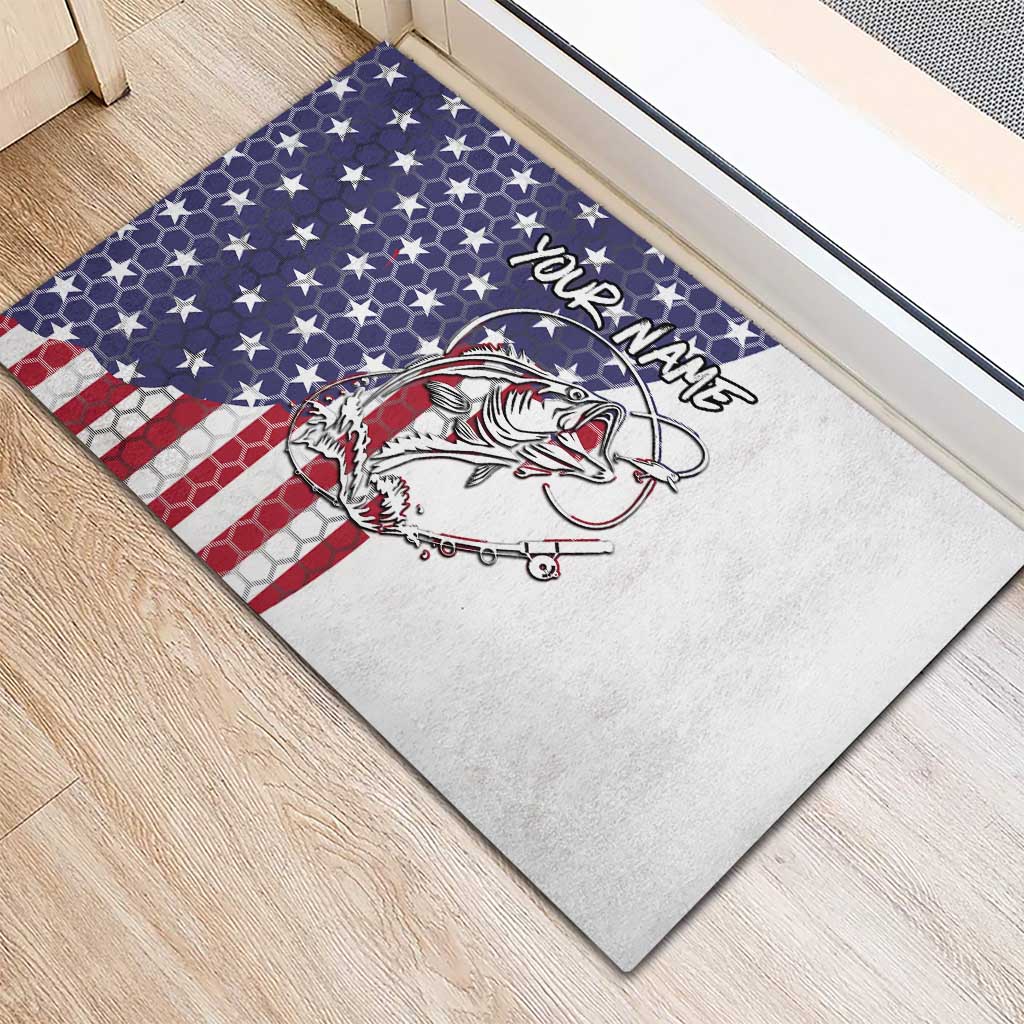 American Flag Bass Fishing Rubber Doormat Fishing Rod and Patriotic Red White and Blue Theme - Wonder Print Shop