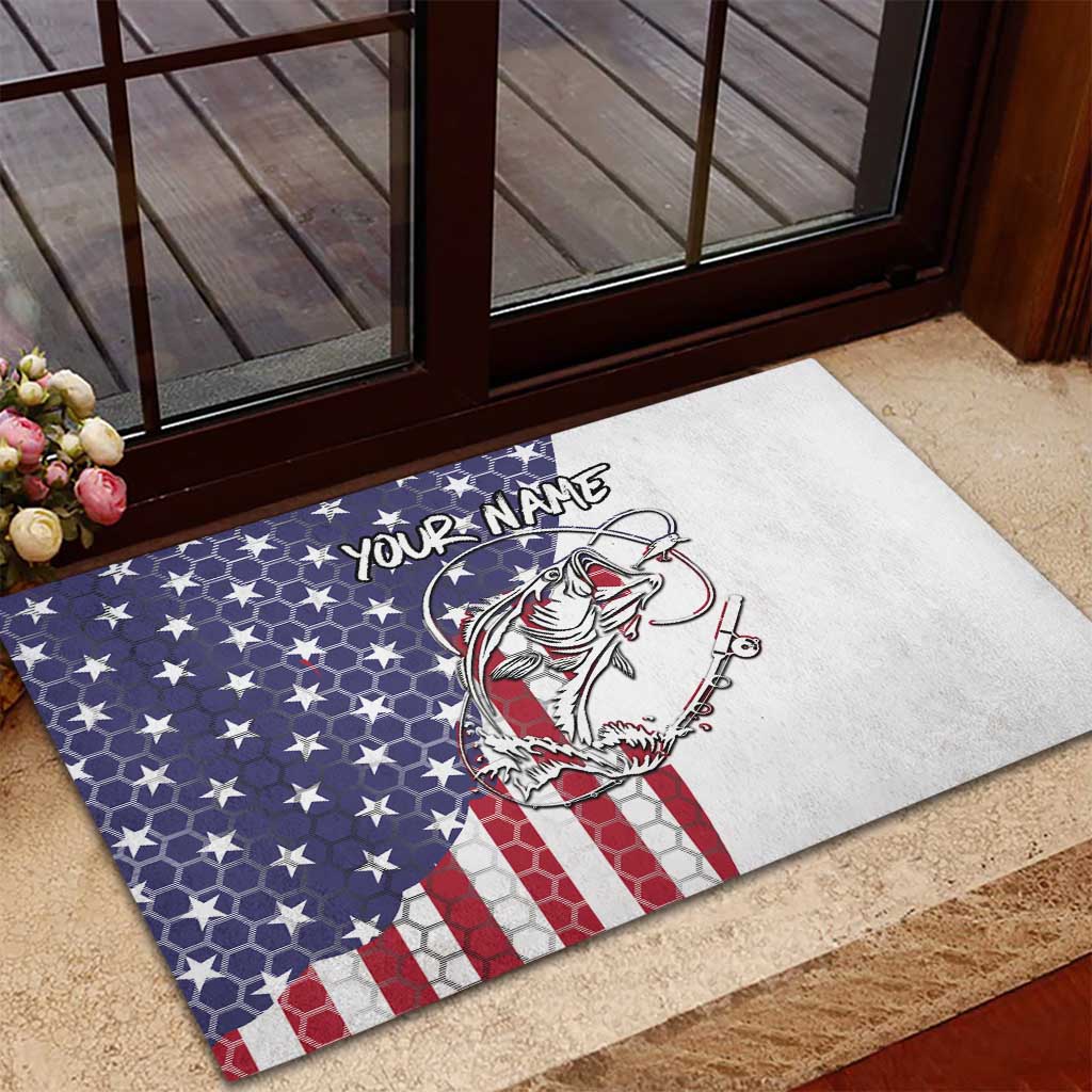 American Flag Bass Fishing Rubber Doormat Fishing Rod and Patriotic Red White and Blue Theme - Wonder Print Shop