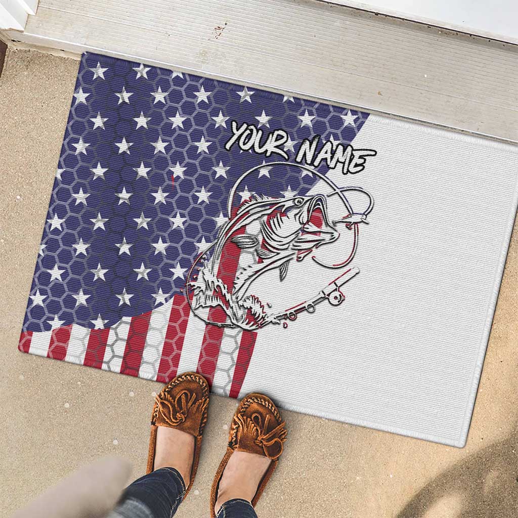 American Flag Bass Fishing Rubber Doormat Fishing Rod and Patriotic Red White and Blue Theme - Wonder Print Shop