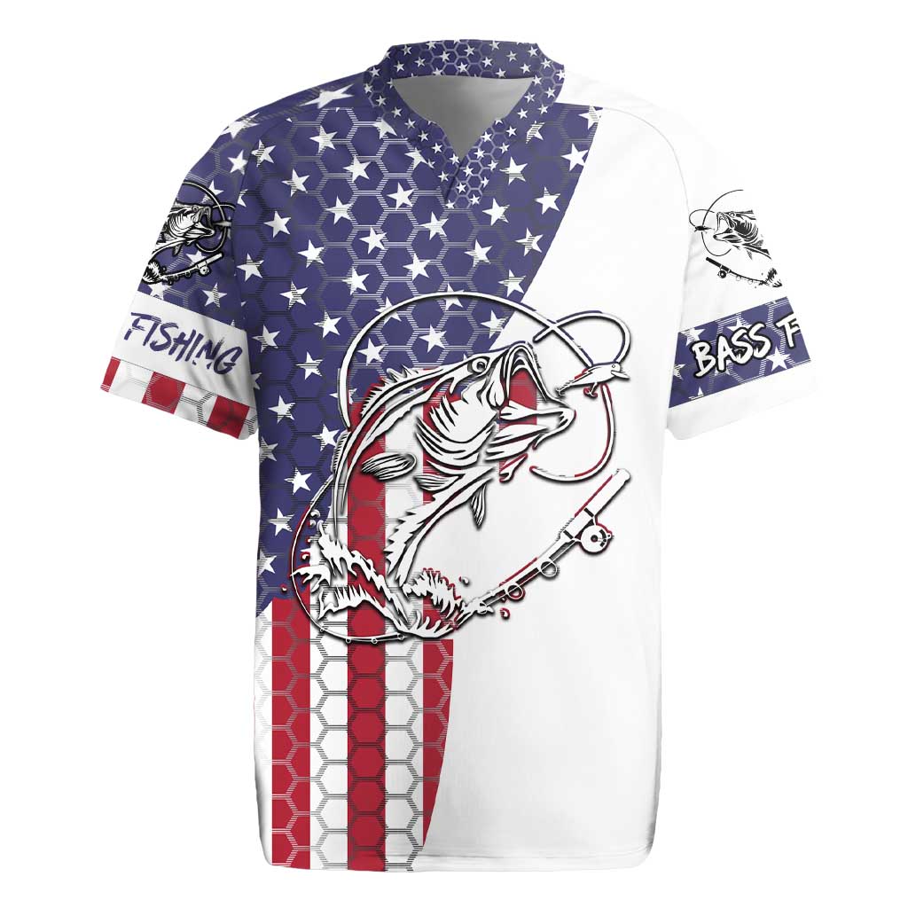 American Flag Bass Fishing Rugby Jersey Fishing Rod and Patriotic Red White and Blue Theme - Wonder Print Shop