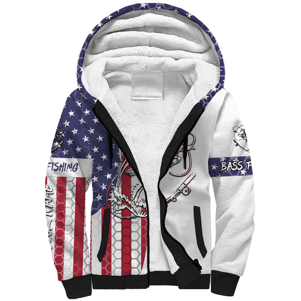 American Flag Bass Fishing Sherpa Hoodie Fishing Rod and Patriotic Red White and Blue Theme - Wonder Print Shop