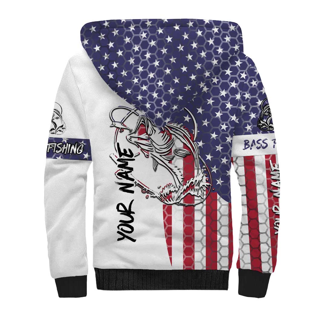 American Flag Bass Fishing Sherpa Hoodie Fishing Rod and Patriotic Red White and Blue Theme - Wonder Print Shop