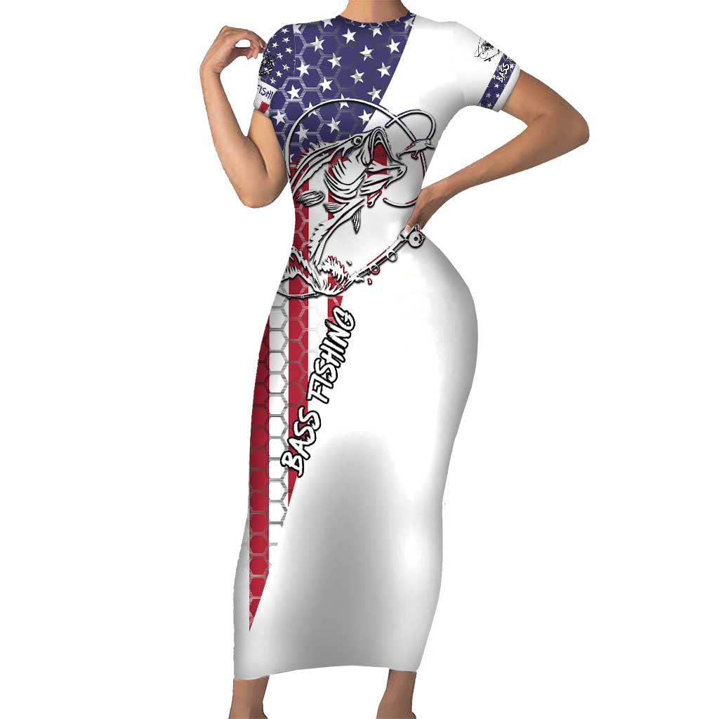 American Flag Bass Fishing Short Sleeve Bodycon Dress Fishing Rod and Patriotic Red White and Blue Theme - Wonder Print Shop